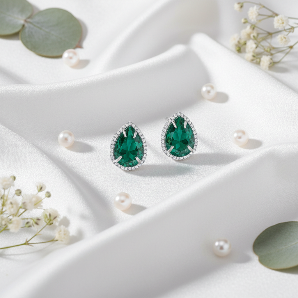 Pear-shaped emerald green gemstone earrings on a white surface with pearls and leaves