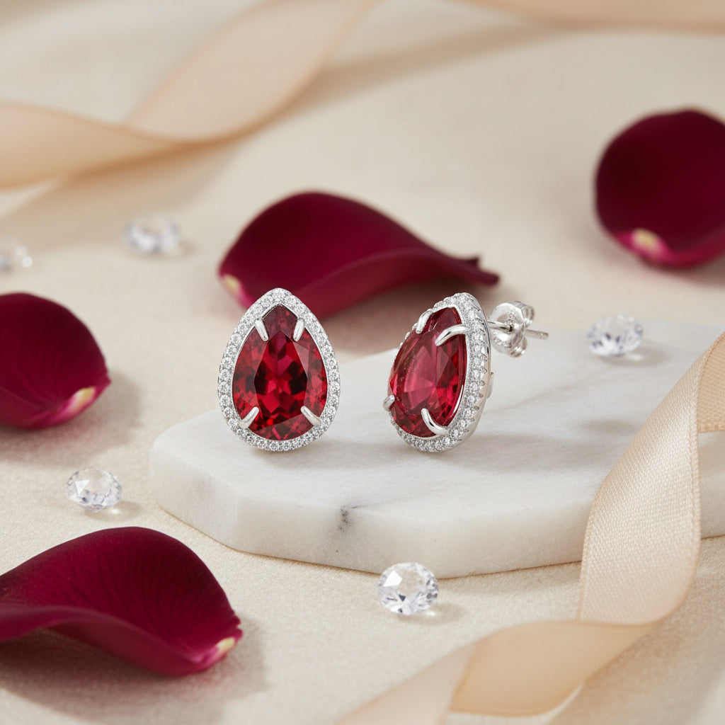 Dazzling PearLarge Silver Stud Earrings in Sterling Silver with Red Crystals