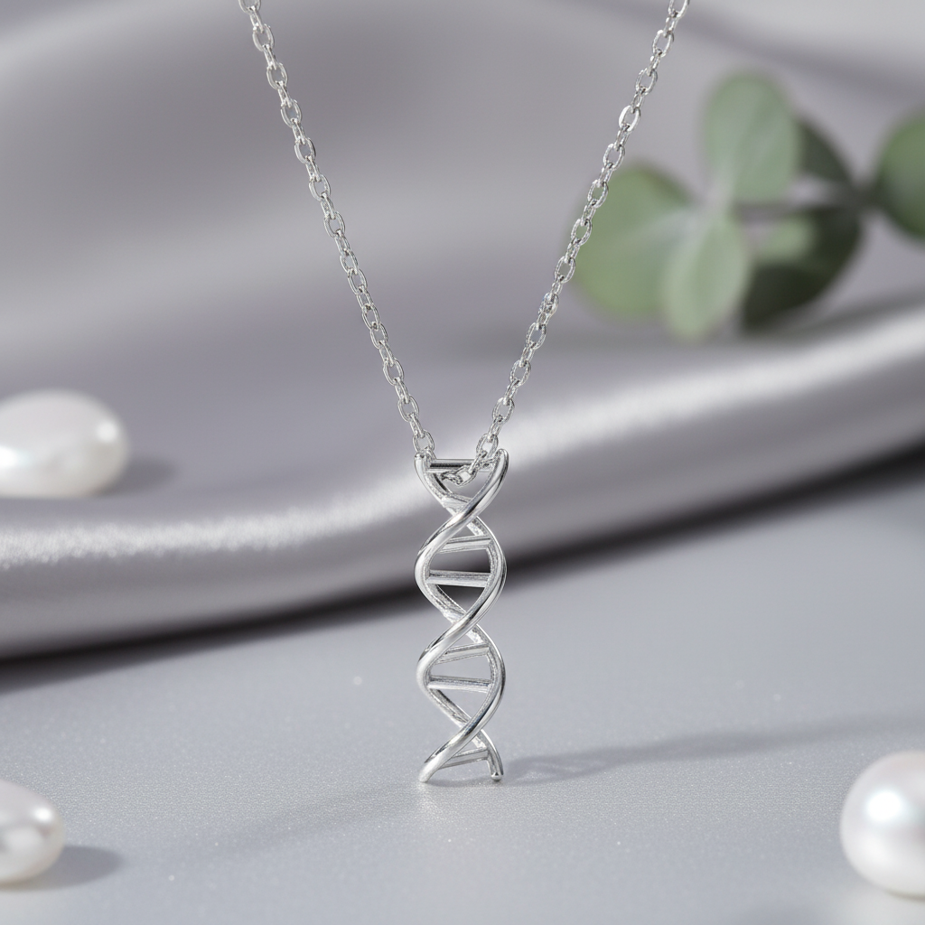 Sterling silver DNA pendant necklace on a light gray background with green leaves