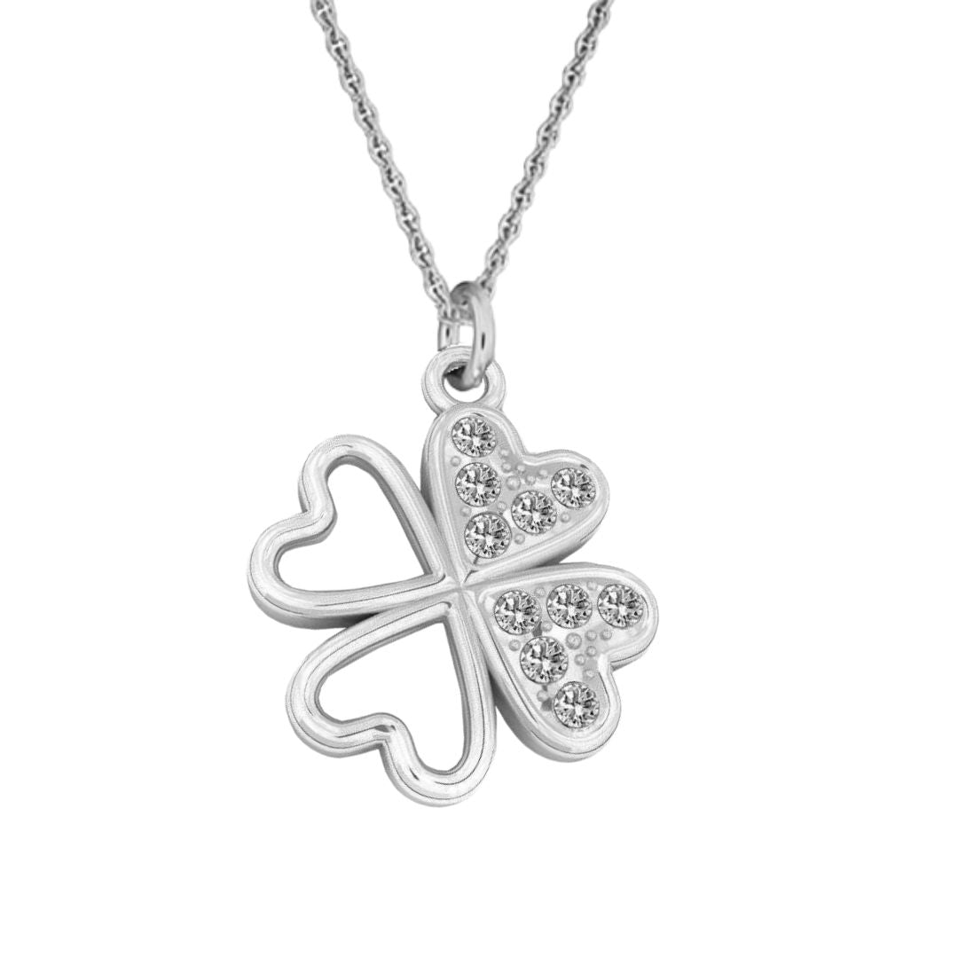 Sterling silver four-leaf clover necklace with heart-shaped petals and Austrian crystals, handmade in Ireland by Magpie Gems in Ireland.