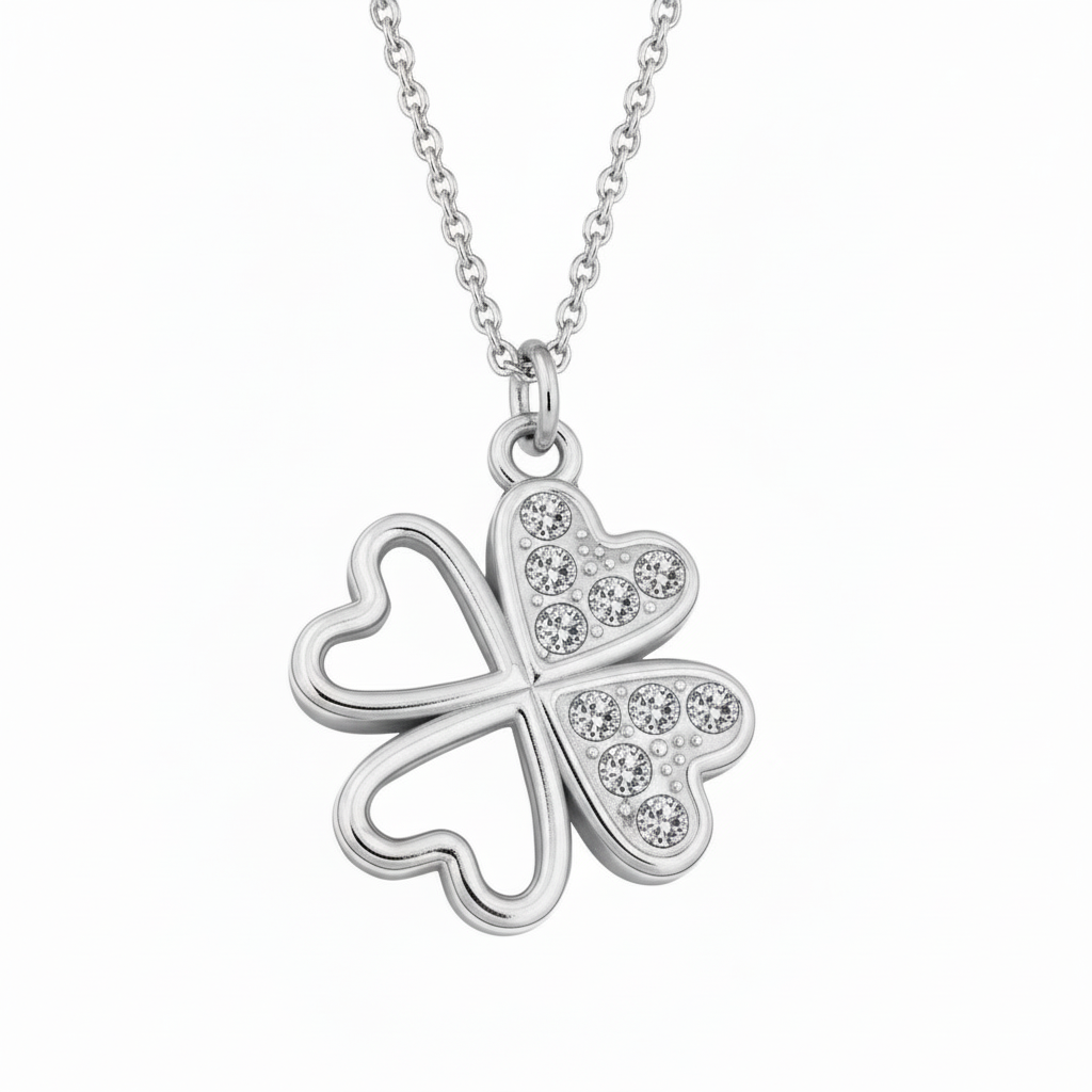 Solid sterling silver four-leaf clover pendant necklace with heart-shaped leaves and sparkling Austrian crystals by Magpie Gems, handmade in Ireland.