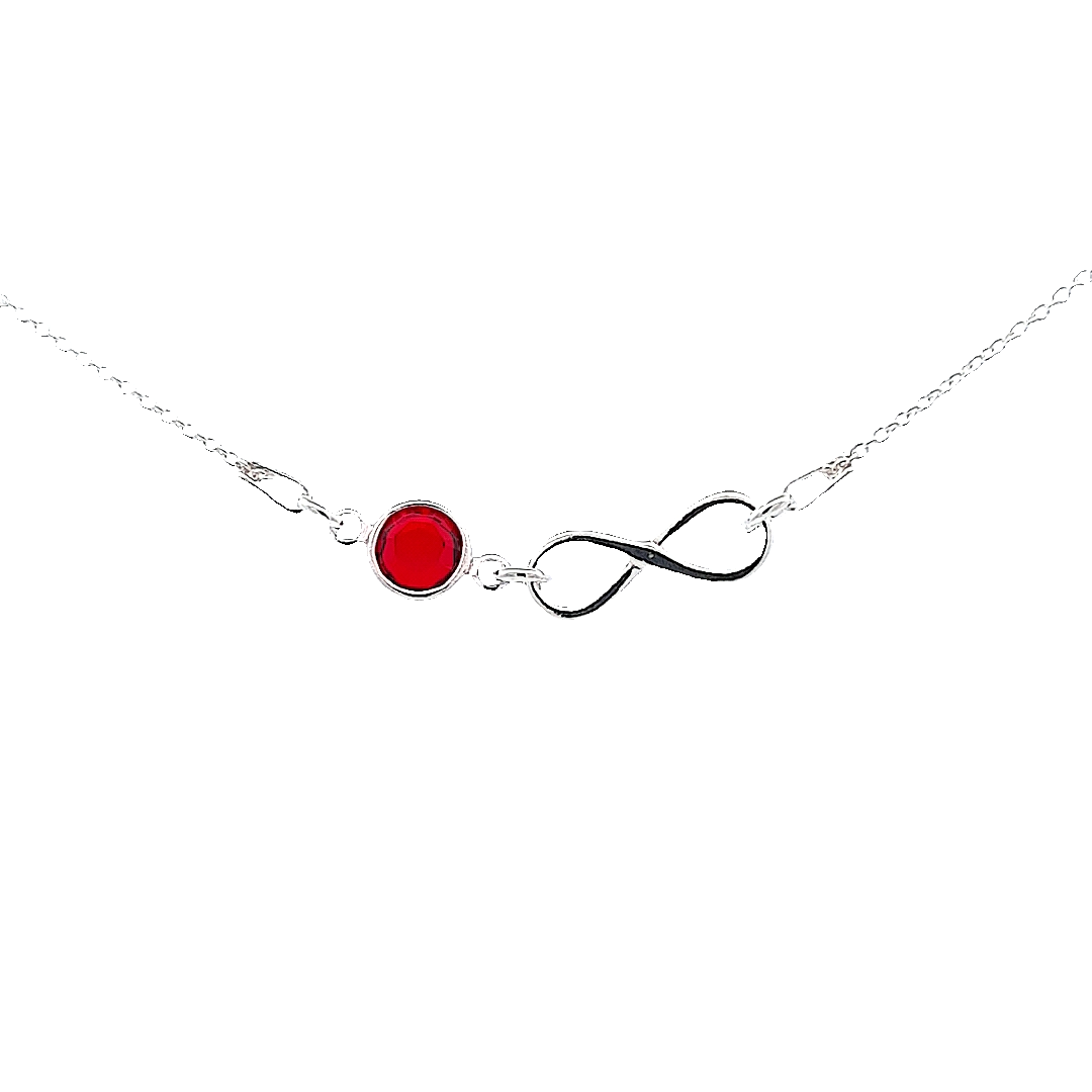 Silver Infinity with birthstone crystal, a pendant necklace made for women by Magpie Gems Jewellery in Ireland.