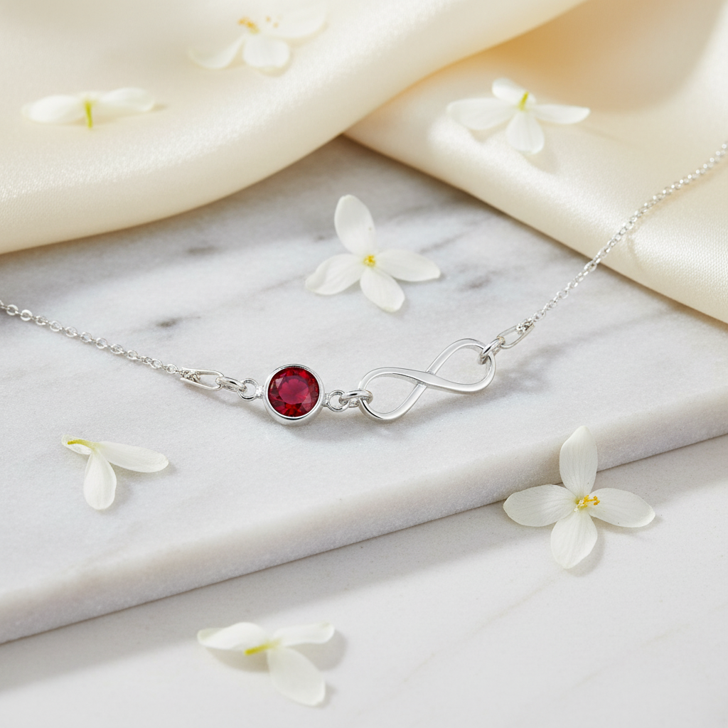 Silver Infinity with birthstone crystal, a pendant necklace made for women by Magpie Gems Jewellery in Ireland.