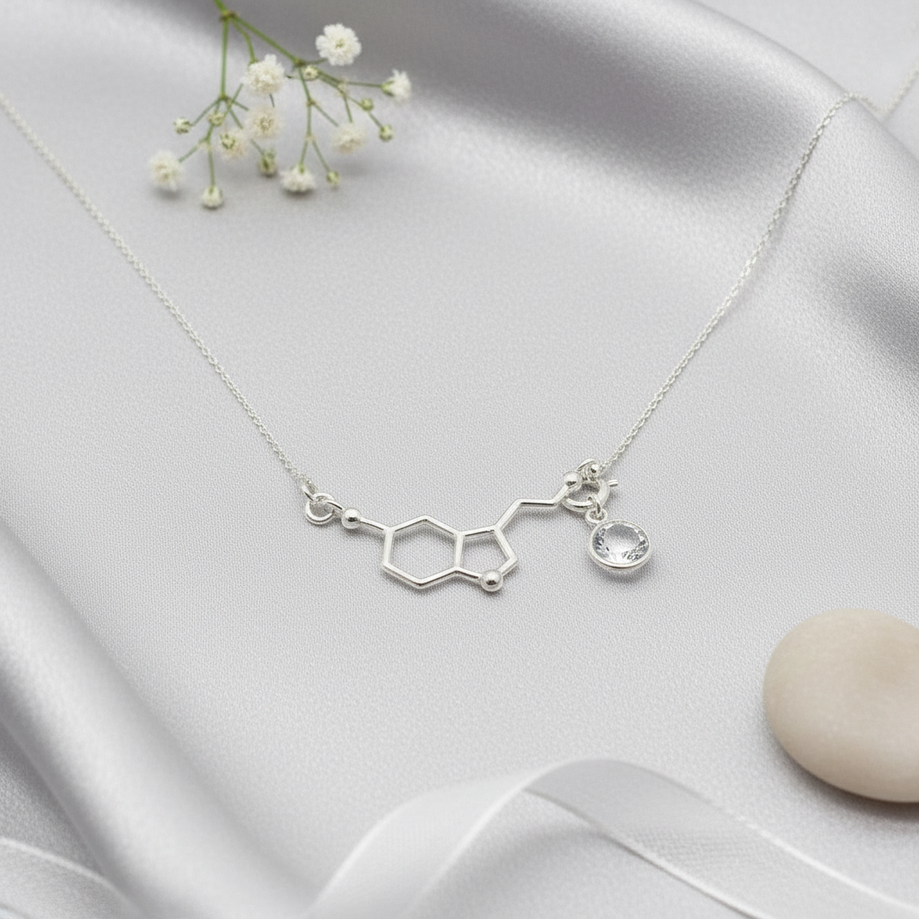 Be Happy Necklace | 925 Sterling Silver Serotonin Molecule Pendant with Detachable Birthstone