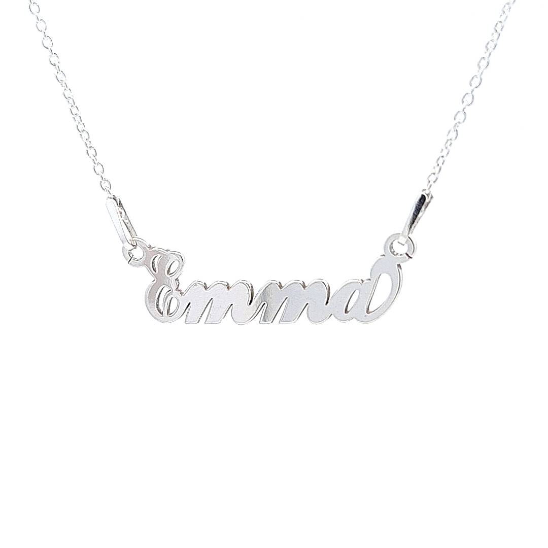 A sterling silver name necklace with the name 'Emma' in laser cut callygraphy letters as pendant, made by Magpie Gems Jewelley Ireland.