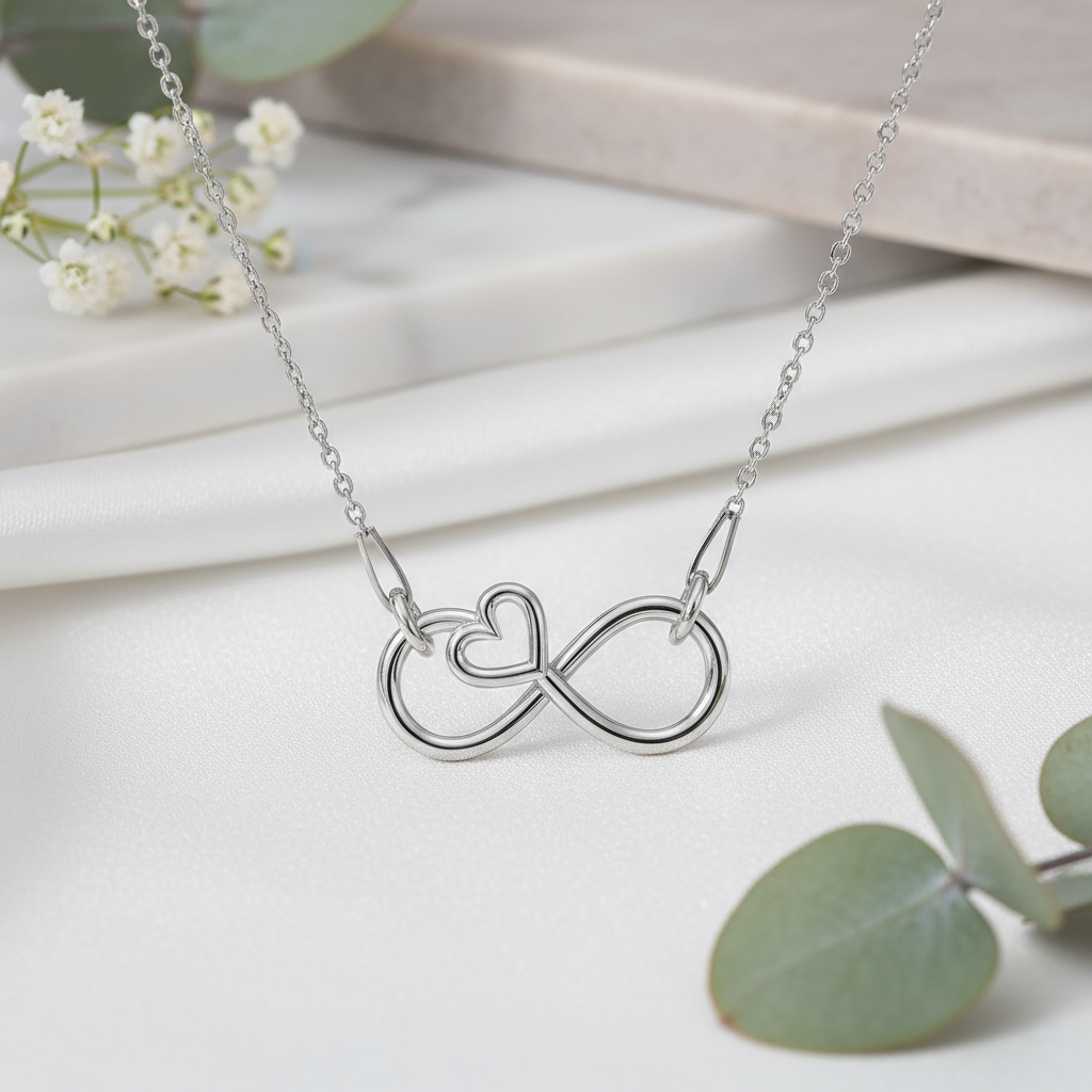 Silver necklace with a heart and infinity symbol pendant on a light background with greenery.