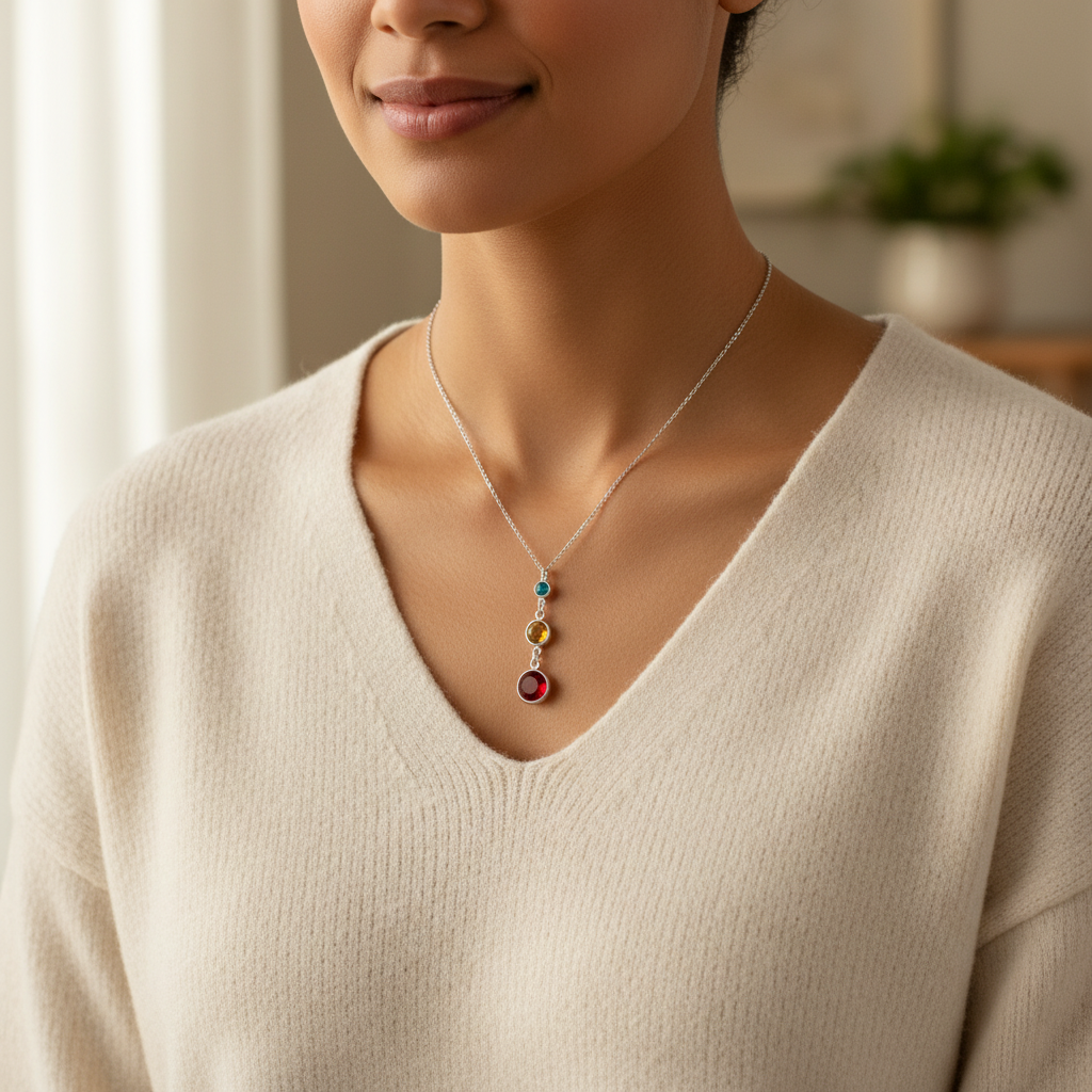 Sterling Silver Three Generations Birthstone Necklace