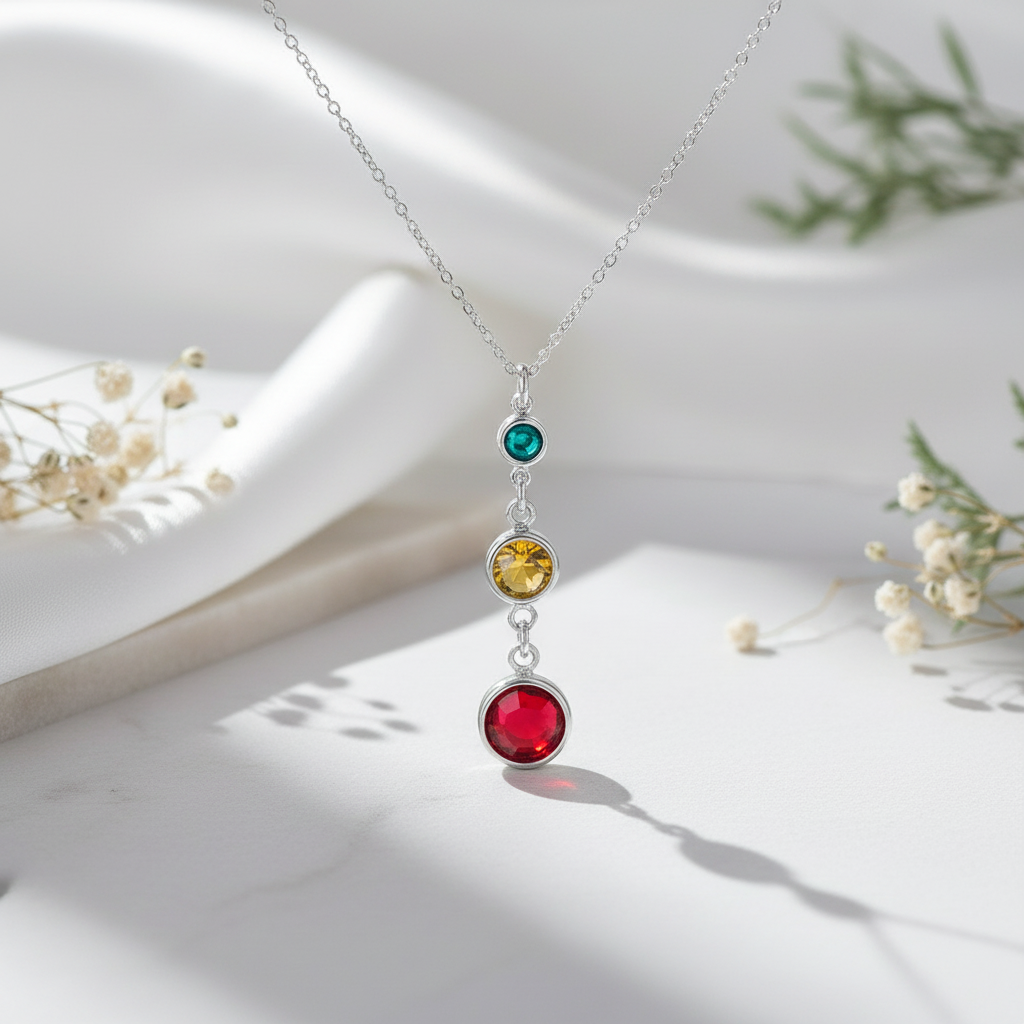 Sterling Silver Three Generations Birthstone Necklace