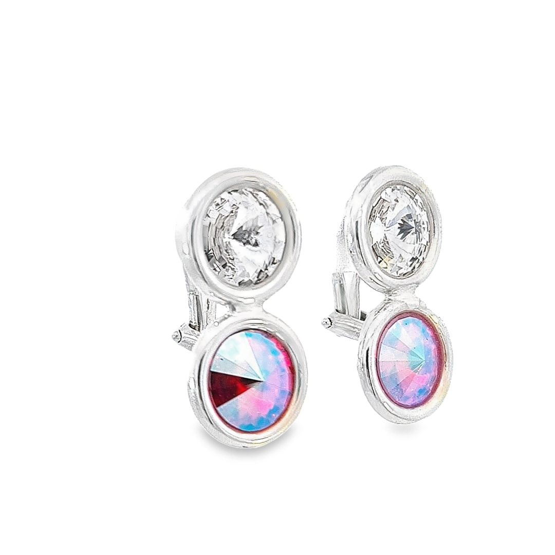 Side angle of Spectrum Radiance clip-on earrings revealing the intricate silver setting and the multi-faceted cut of the top crystal.