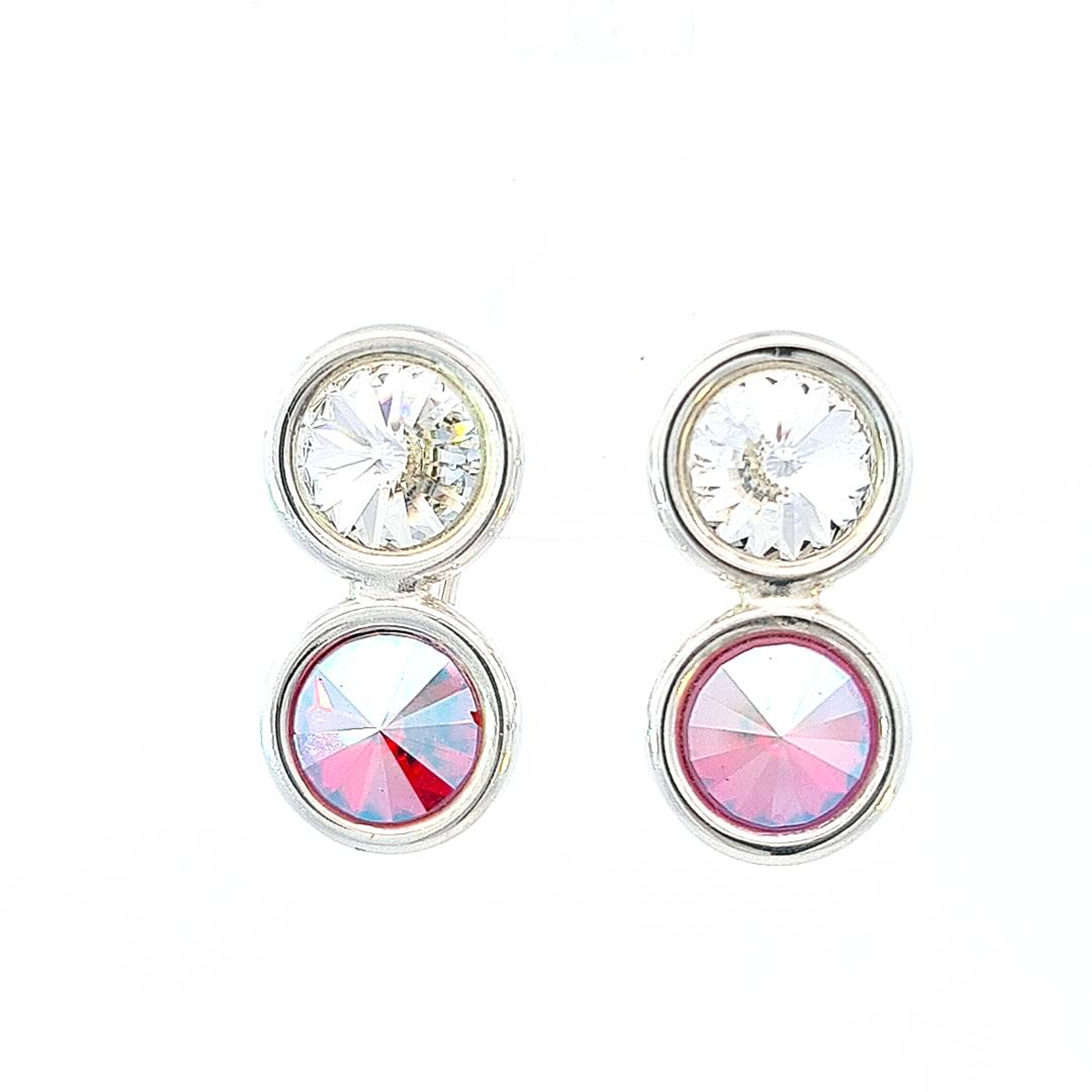 Nickel-free sterling silver clip-on earrings by Magpie Gems, showcasing a front view of rivoli crystals reflecting a spectrum of colours.