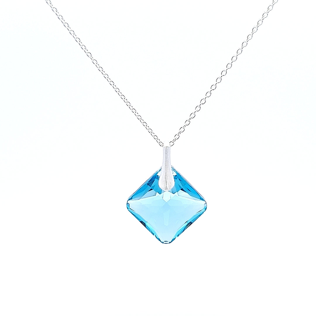 March Aquamarine Square Birthstone Crystal Pendant Necklace in Sterling Silver - Radiant elegance by Magpie Gems