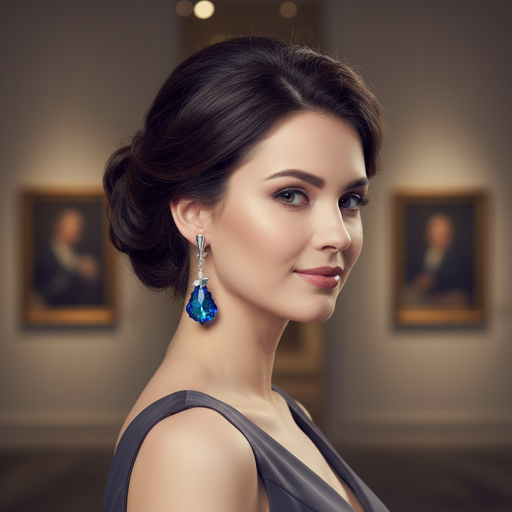 Woman wearing statement sterling silver drop earrings with vivid blue faceted crystal teardrops, elegant evening jewellery by Magpie Gems in Ireland.