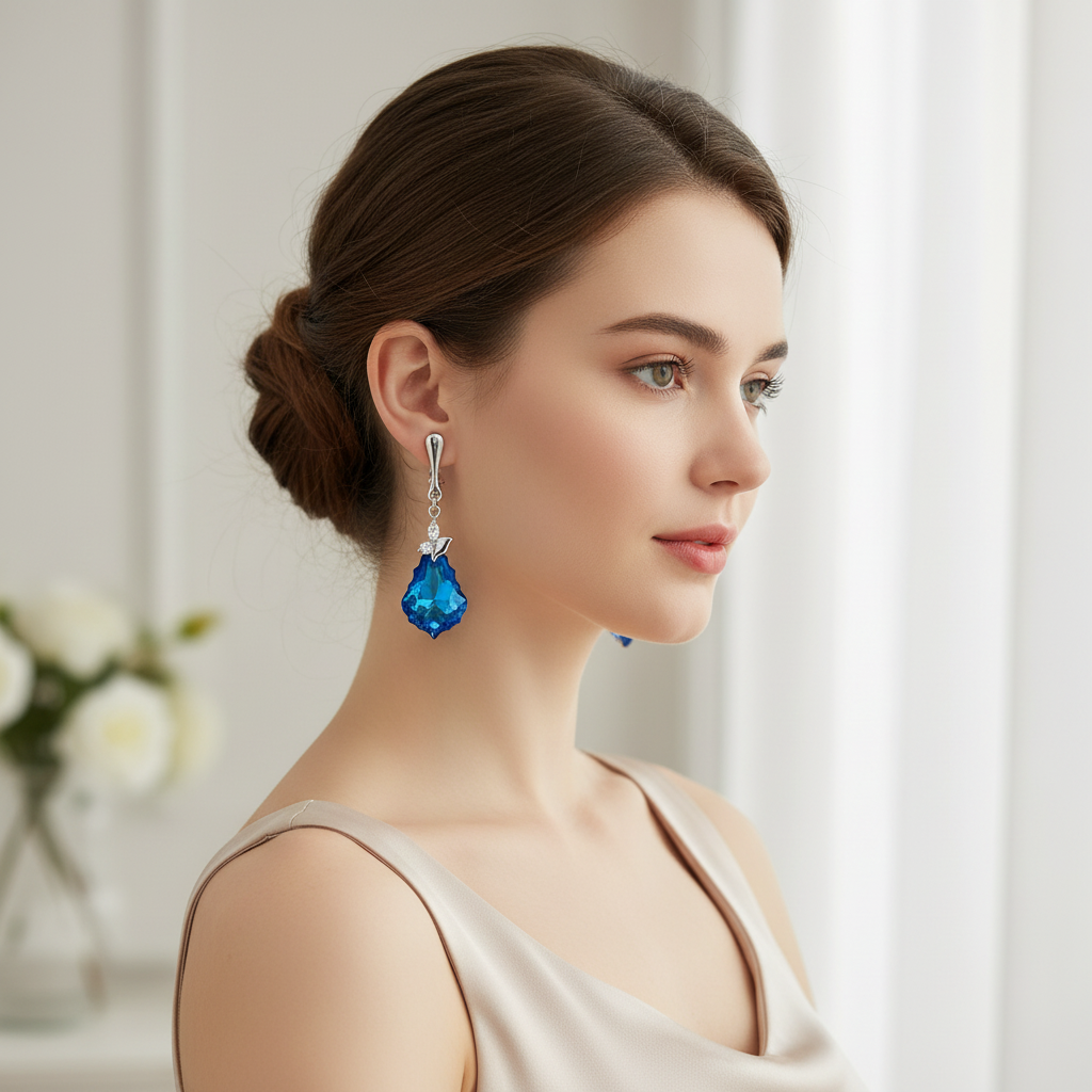 Clip-on Earrings Sapphire Shimmer Baroque Drop Crystals