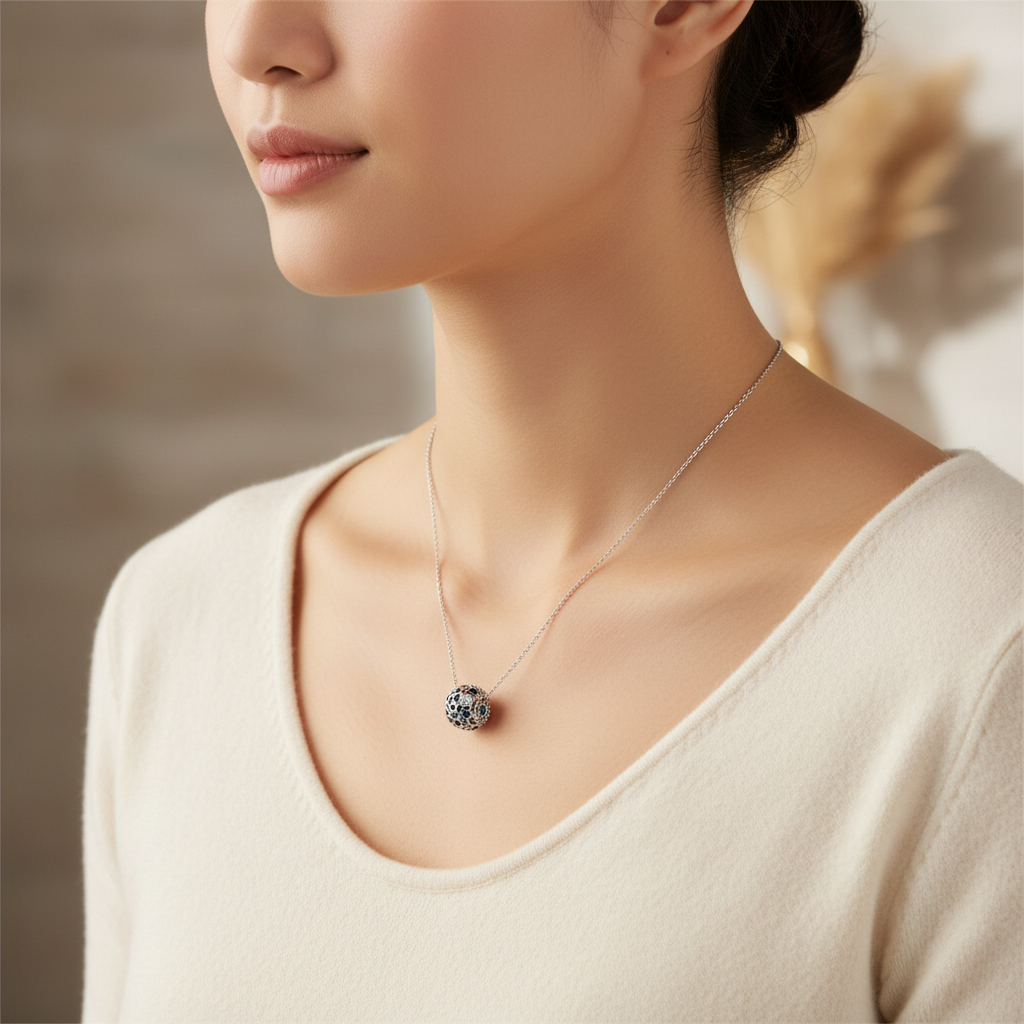 Woman wearing a sterling silver celestial star pendant necklace with blue crystal accents, handcrafted in Ireland by Magpie Gems.