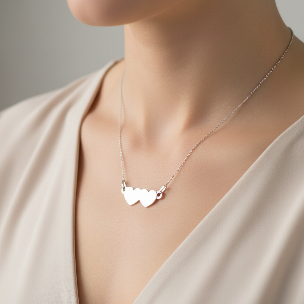 Model wearing sterling silver double heart necklace symbolising love and connection – Magpie Gems.
