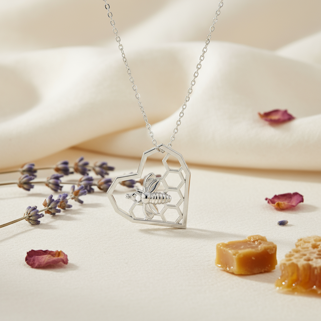 Silver necklace with honeycomb and bee design on a soft beige background with dried lavender and honeycomb pieces.