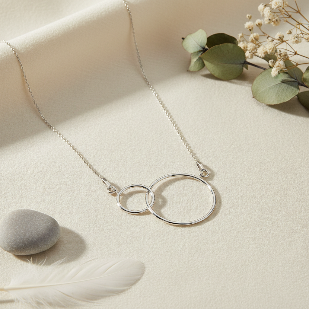 Sterling silver necklace with two interlocking circles symbolising connection and love, photographed on a soft neutral background – Magpie Gems