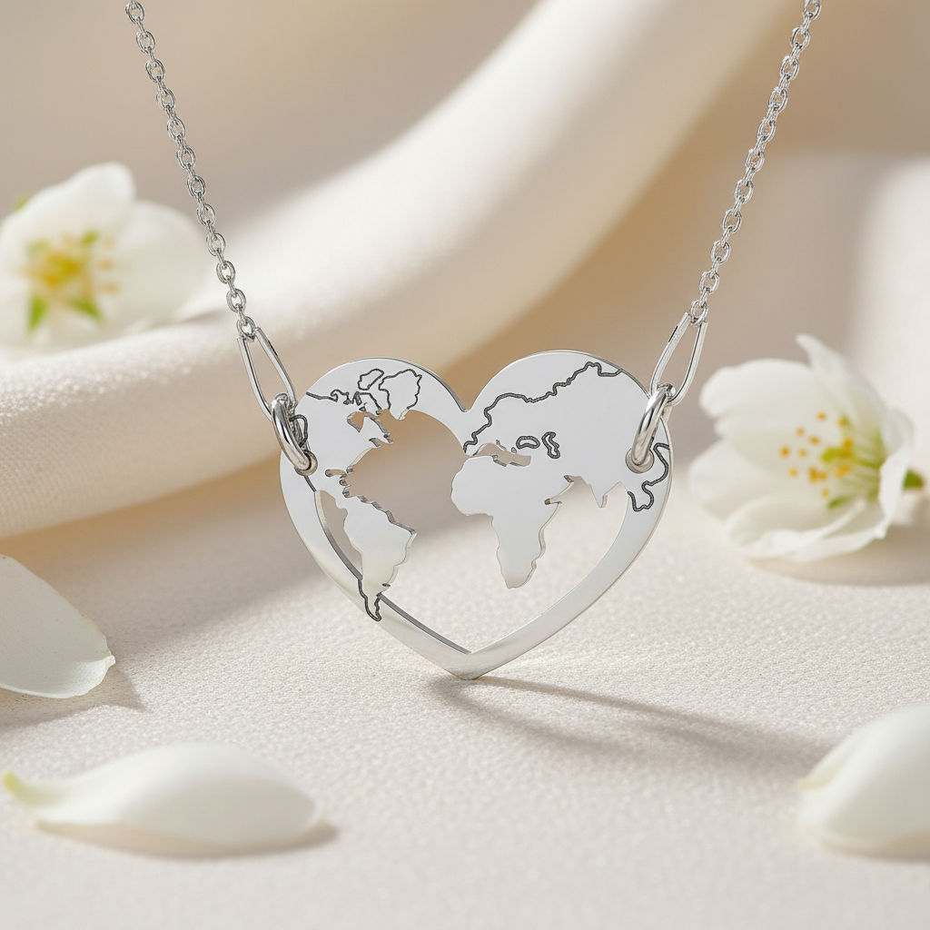 Silver heart-shaped world map necklace on a soft background with flowers