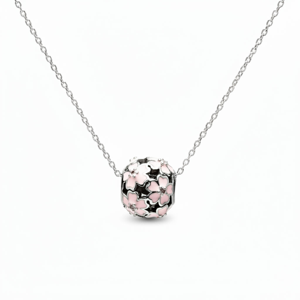 Spring Blossom Necklace – Sterling Silver Pink Flower Pendant with delicate floral design.