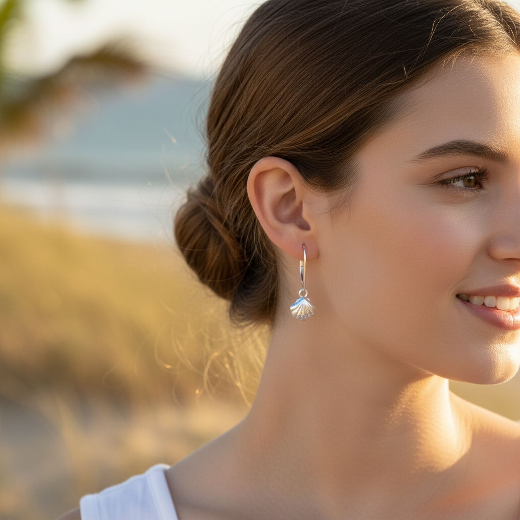 Silver Sea Shell Dangle & Drop Earrings with Leverbacks | Beach-Themed Shell Charm Earrings