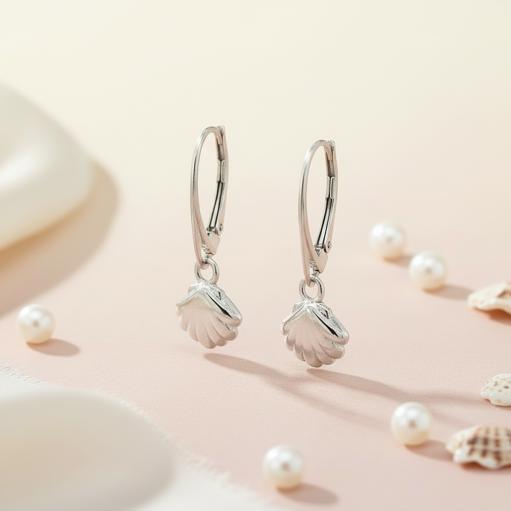Silver Sea Shell Dangle & Drop Earrings with Leverbacks | Beach-Themed Shell Charm Earrings