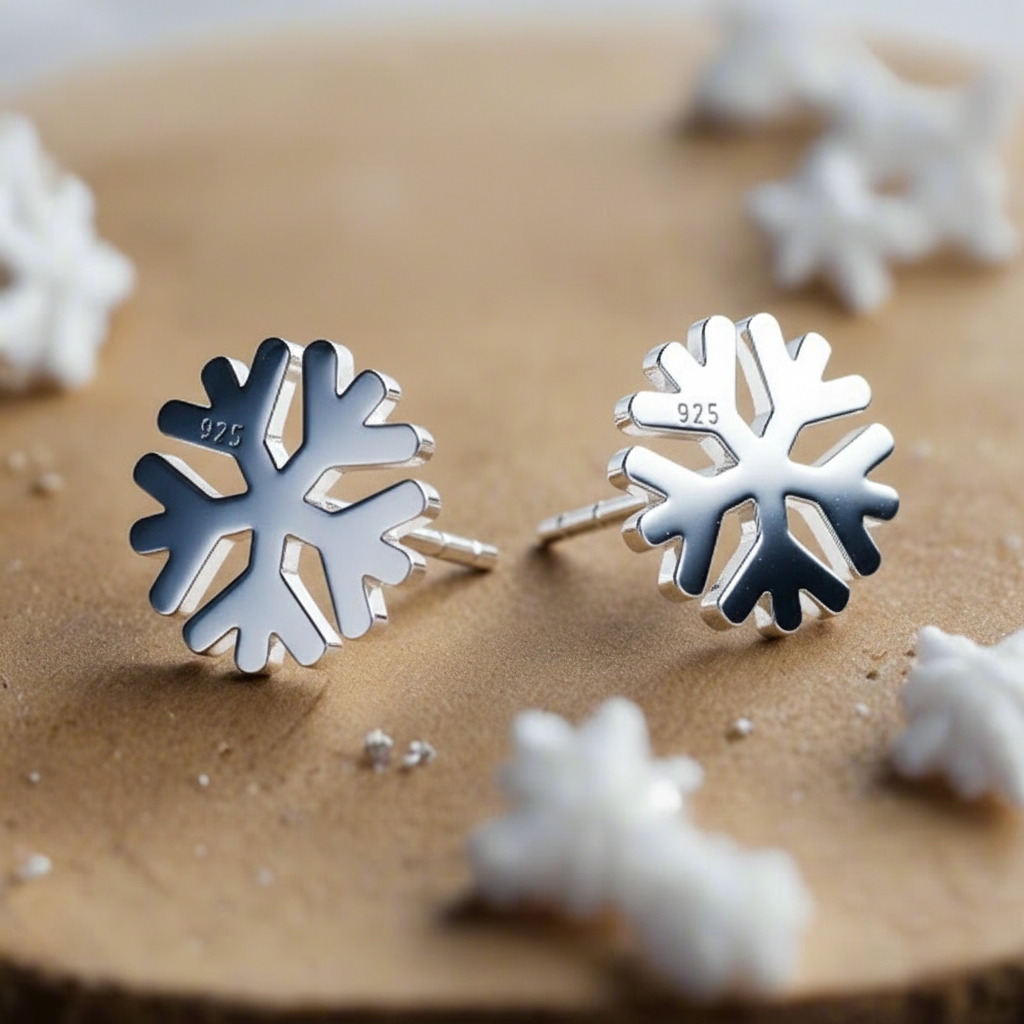 Sterling Silver Snowflake Stud Earrings – artistic display highlighting intricate snowflake design and winter aesthetic for a pair of unisex stud earrings from Ireland.