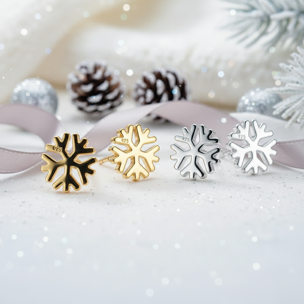 Snowflake-shaped earrings in gold, silver, and black on a white background with decorative elements.