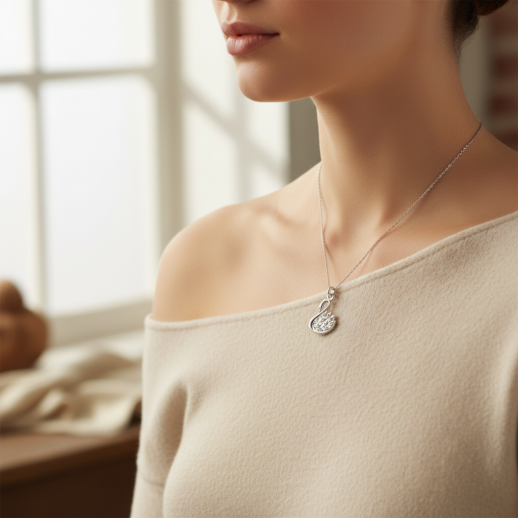 Woman wearing a silver necklace with a swan pendant in a softly lit room.