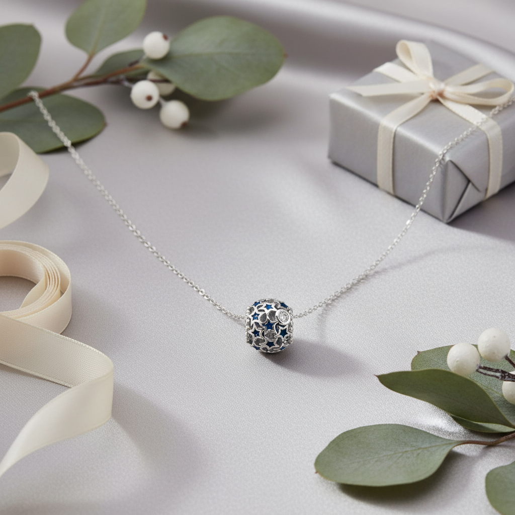 Sterling silver winter-themed necklace with stars and crystal details, perfect for Christmas gifting, handcrafted in Ireland by Magpie Gems.