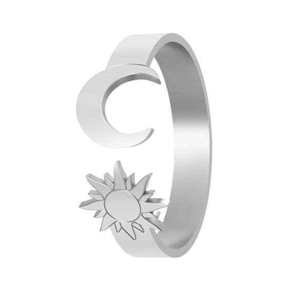 Sterling silver 'Celestial Harmony' ring showcasing a crescent moon and a sunburst, symbolizing cosmic unity and balance, with a polished finish.