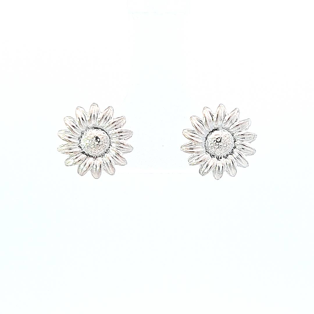 "Front view of "Sunshine Blooms" Sterling Silver Earrings with intricate sunflower design.