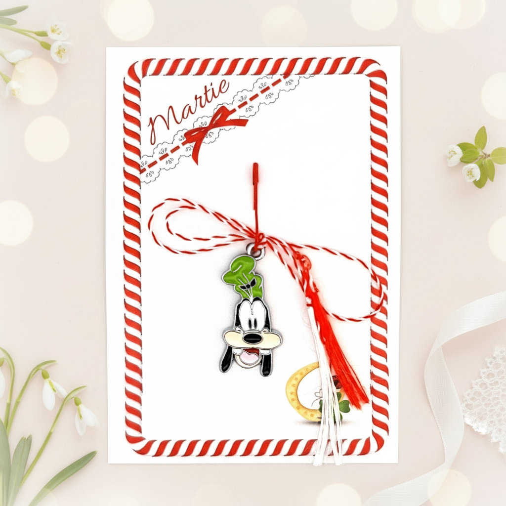 Decorative Goofy-inspired Tall Green Hat Dog Cartoon Martisor on printed story card with a red and white striped card.