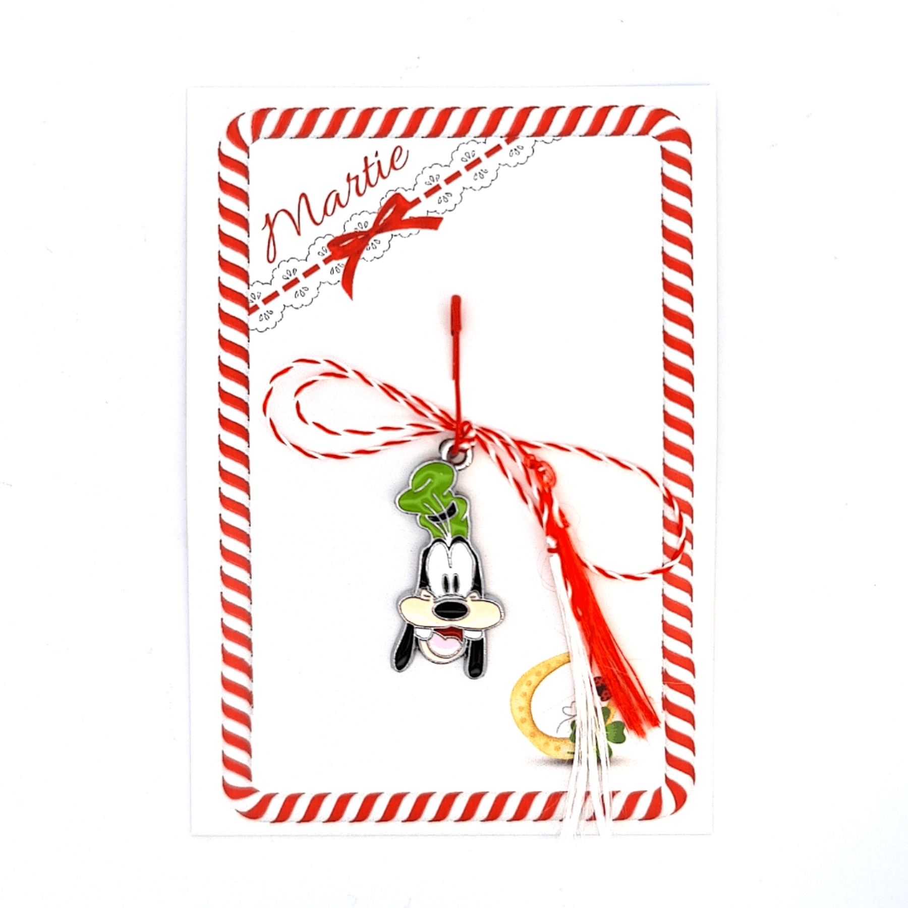 Decorative Goofy-inspired Tall Green Hat Dog Cartoon Martisor on printed story card with a red and white striped card.