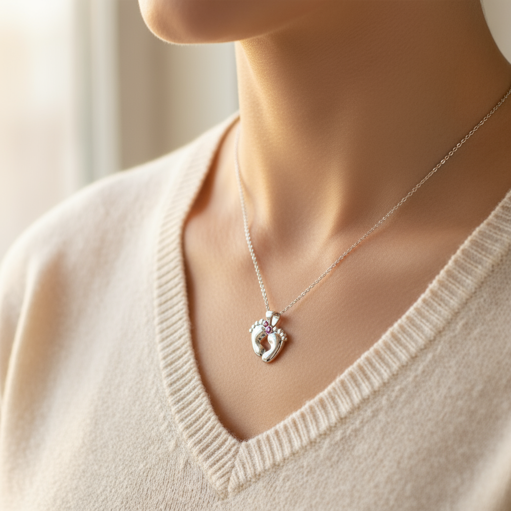 Darling Little Baby Feet Silver Necklace with Crystals