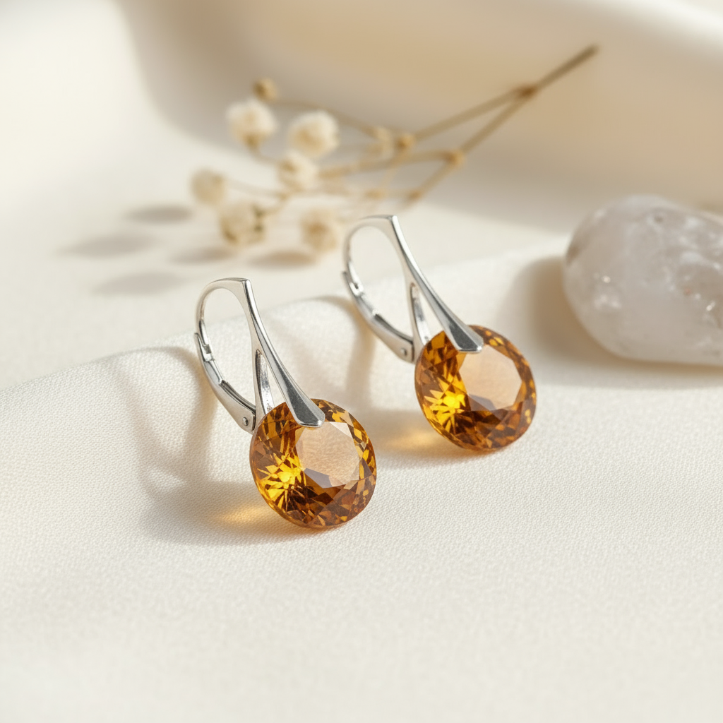 Pair of amber teardrop earrings on a light background, as November or Scorpio birth stone.
