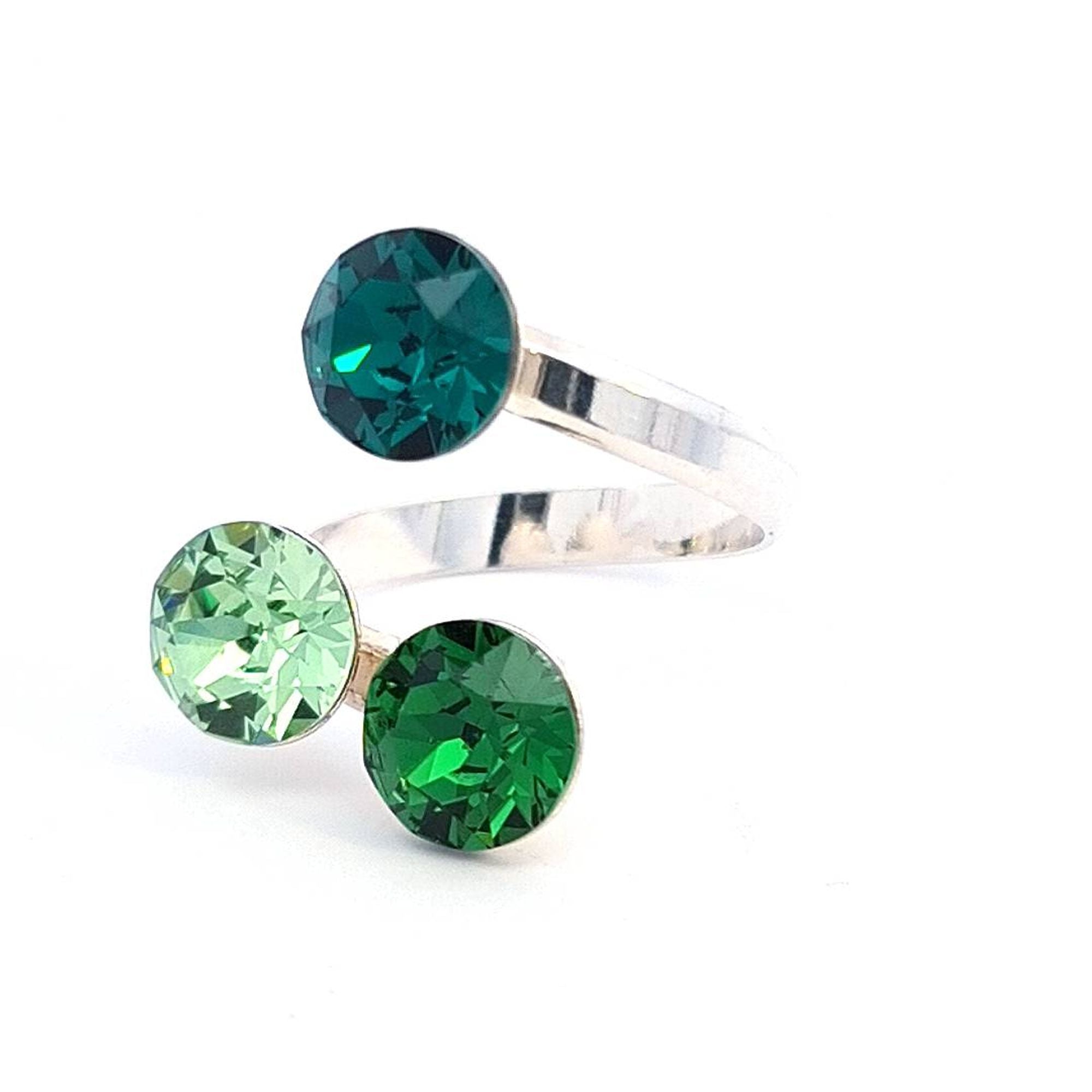 Magpie Gems Triad Treasure Cluster Ring with Luminous Emerald Green Crystals,  silver ring for women