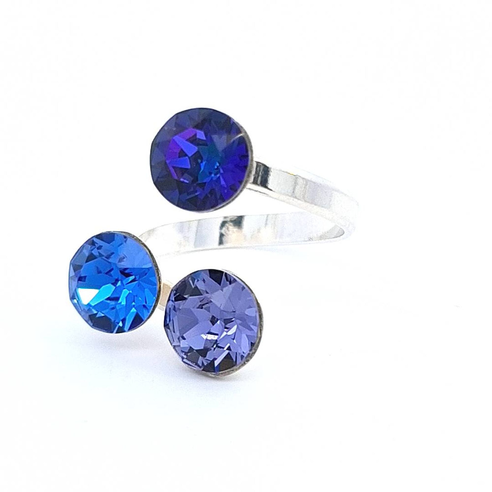 Triad Treasure Cluster Ring in Sterling Silver with Dazzling Blue-Purple Crystals by Magpie Gems from Ireland