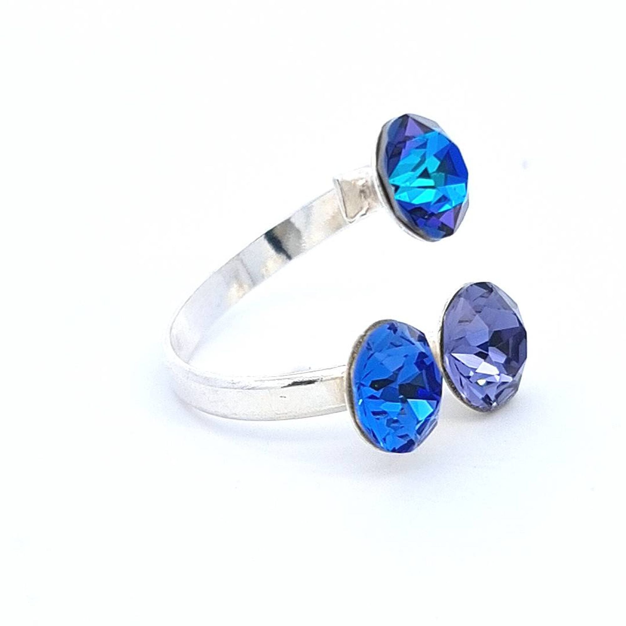 Triad Treasure Cluster Ring in Sterling Silver with Dazzling Blue-Purple Crystals by Magpie Gems, side view