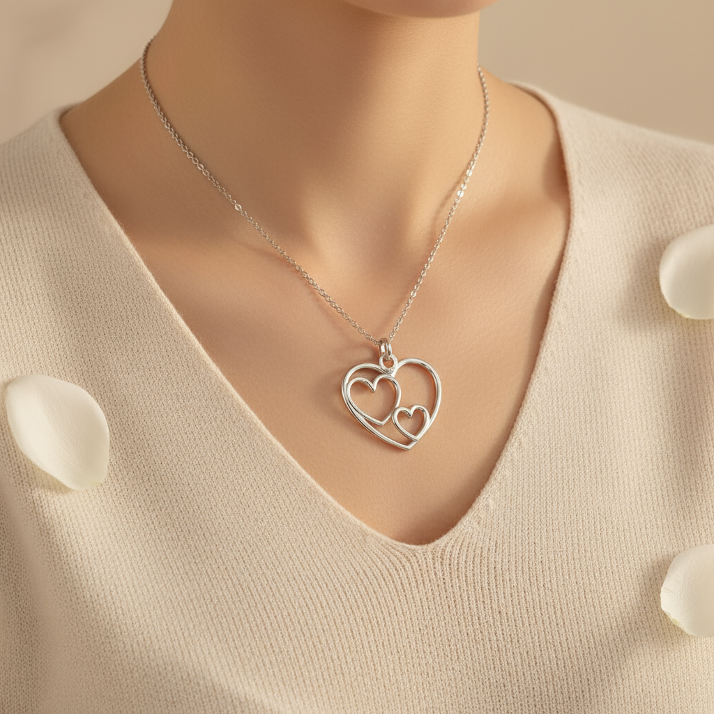 Three Generations Heart Necklace in Silver