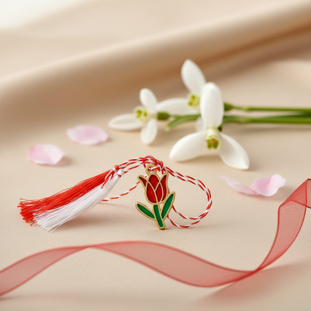 Tulip Martisor Charm Pendant with Red Safety Pin