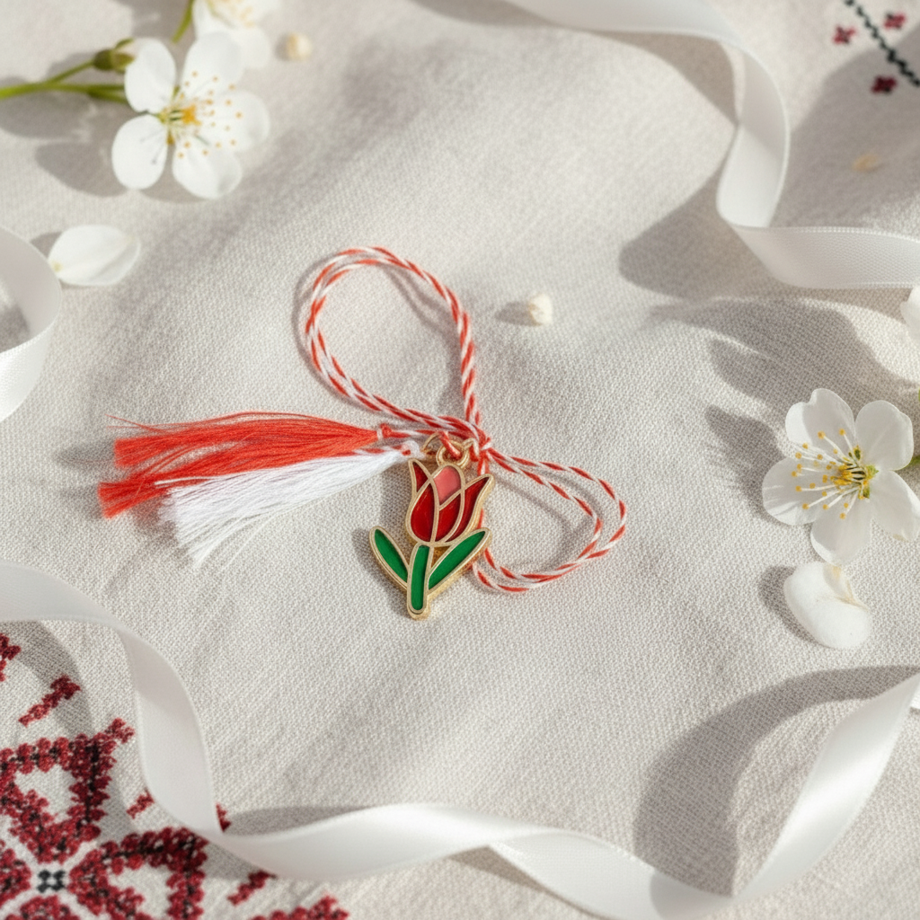 Tulip Martisor Charm Pendant with Red Safety Pin