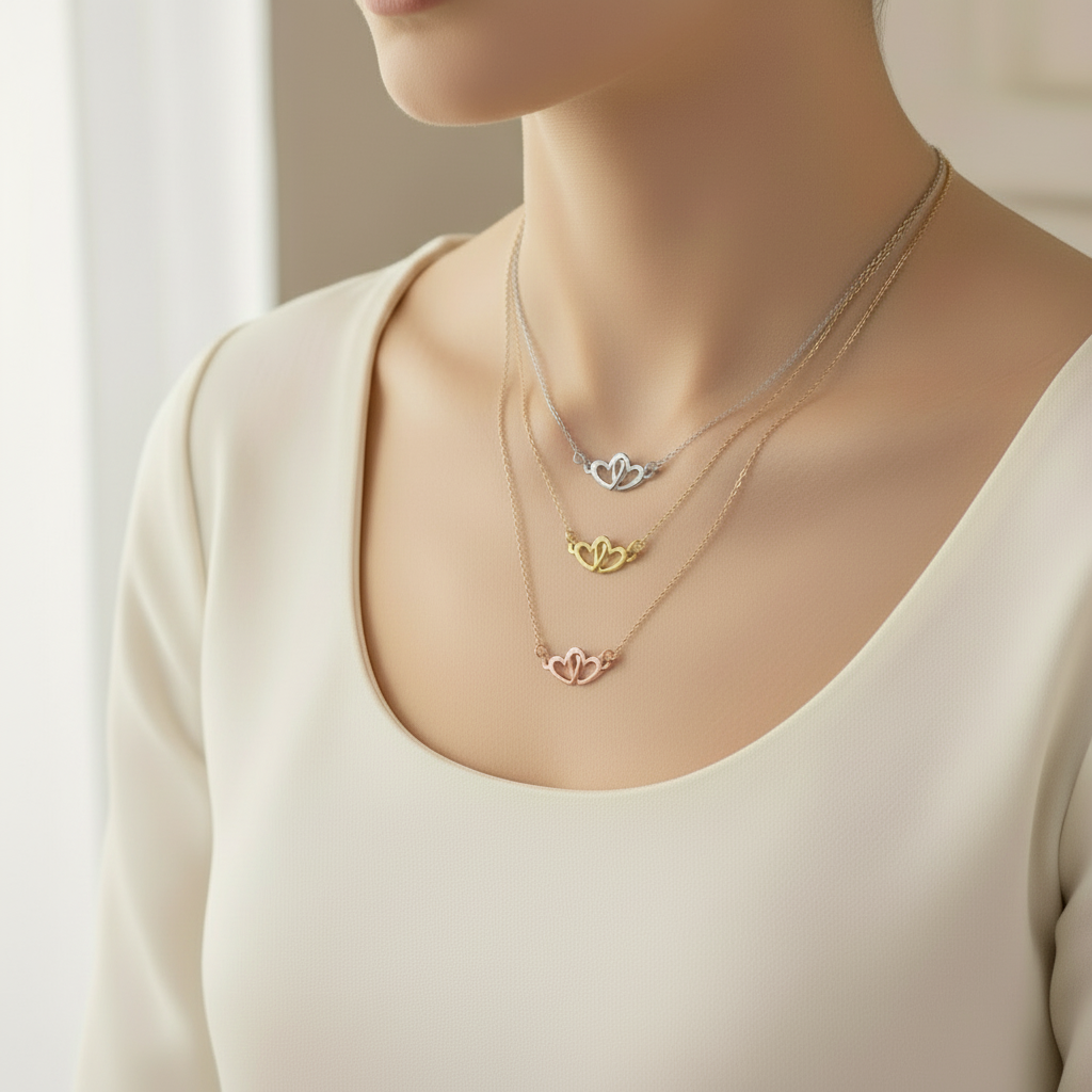 Female model wearing the Two Hearts as One necklace in sterling silver, showcasing layered interlocking heart pendants in silver, gold or rose-gold, and various lengths. 