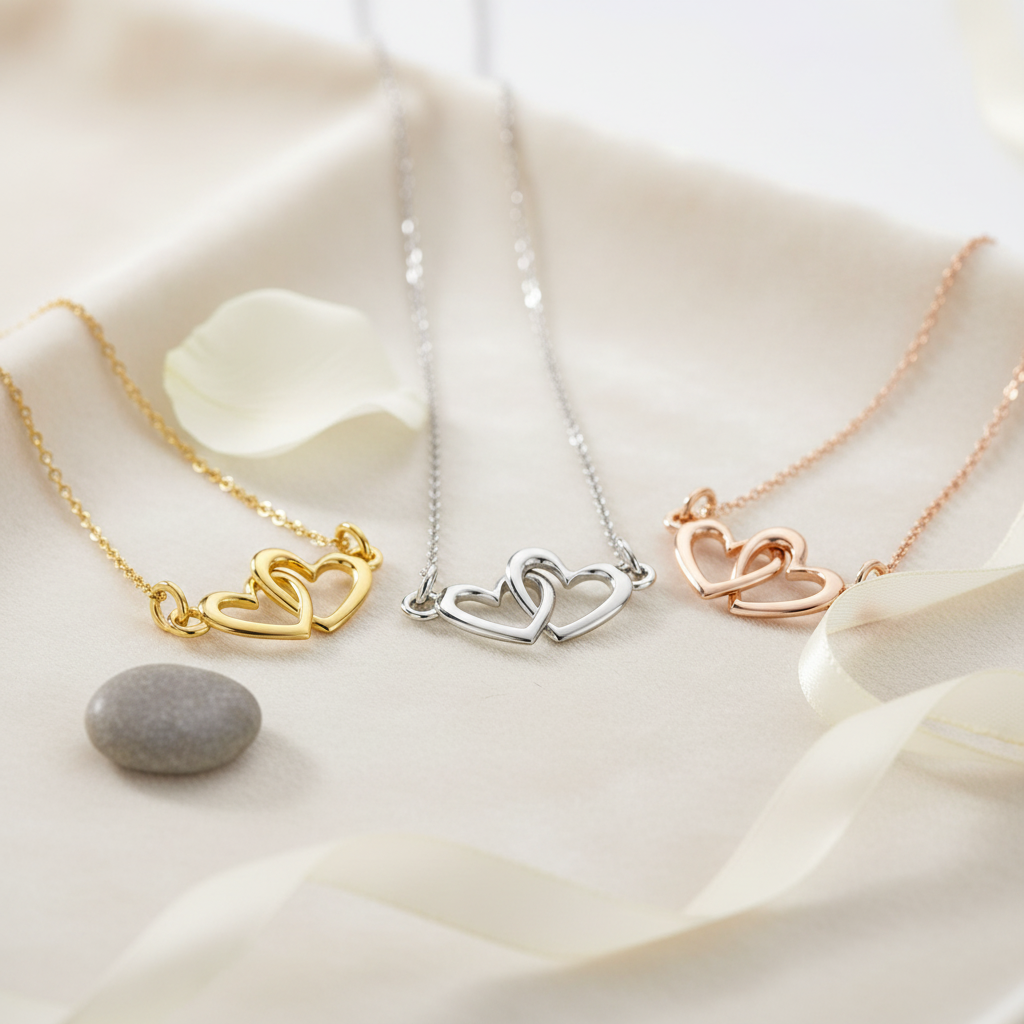 Two Hearts as One necklace in gold, silver, and rose gold displayed on satin fabric – interlocking heart pendant by Magpie Gems in Ireland. 