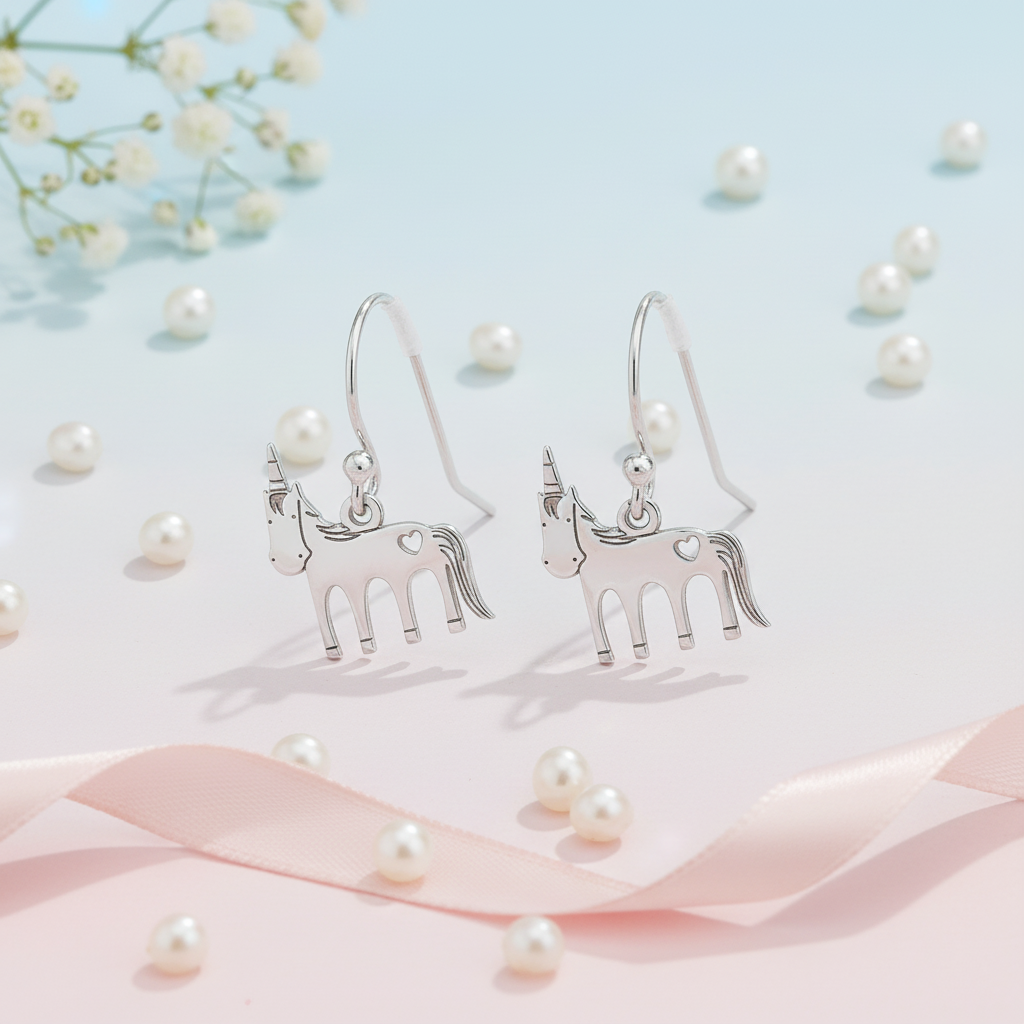  Pair of Unicorn Silver Hook Earrings displayed on a white background, highlighting their whimsical charm.