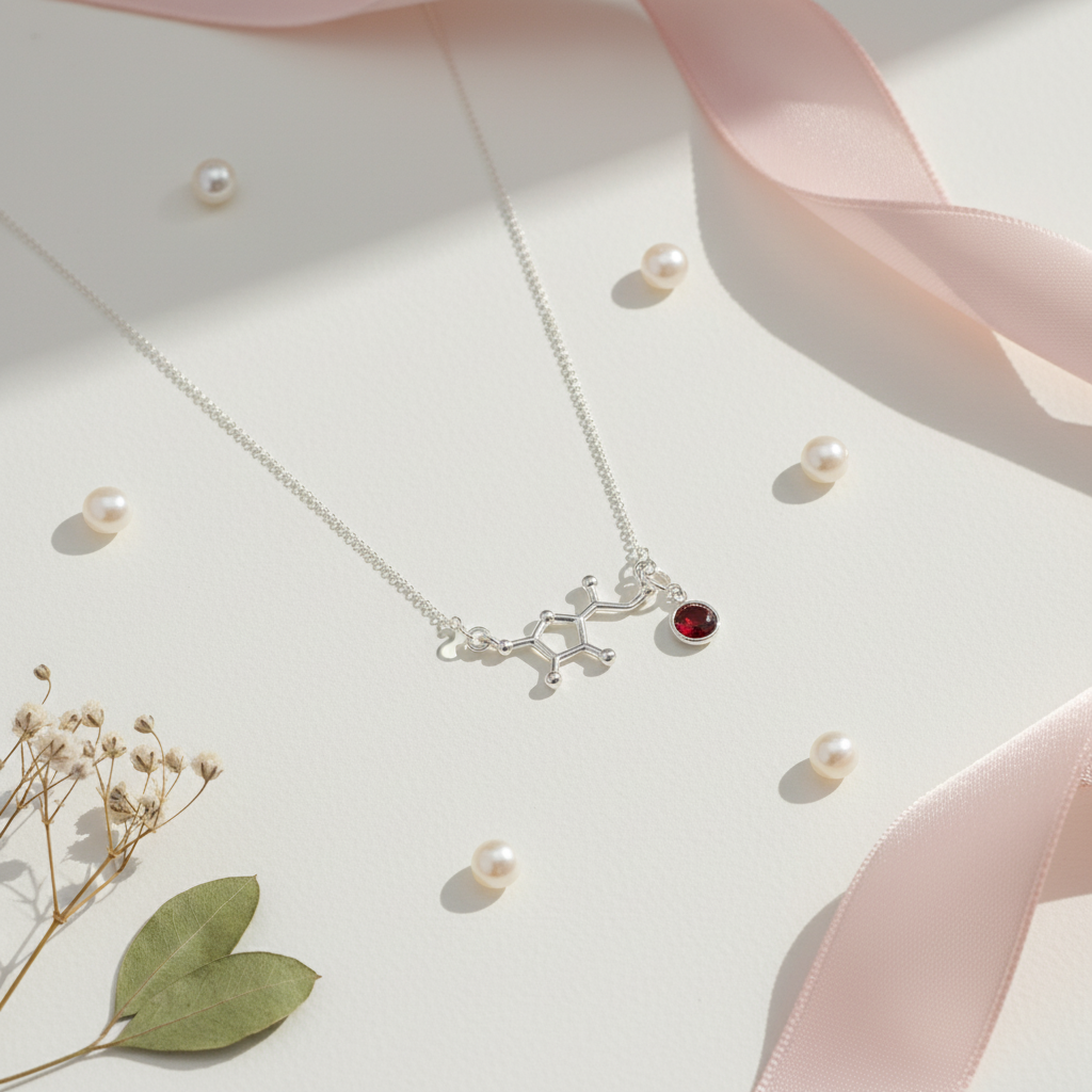 Silver necklace with Vitamin C molecular design and detachable July red Ruby birthstone charm, symbolic Irish-made jewellery by Magpie Gems.