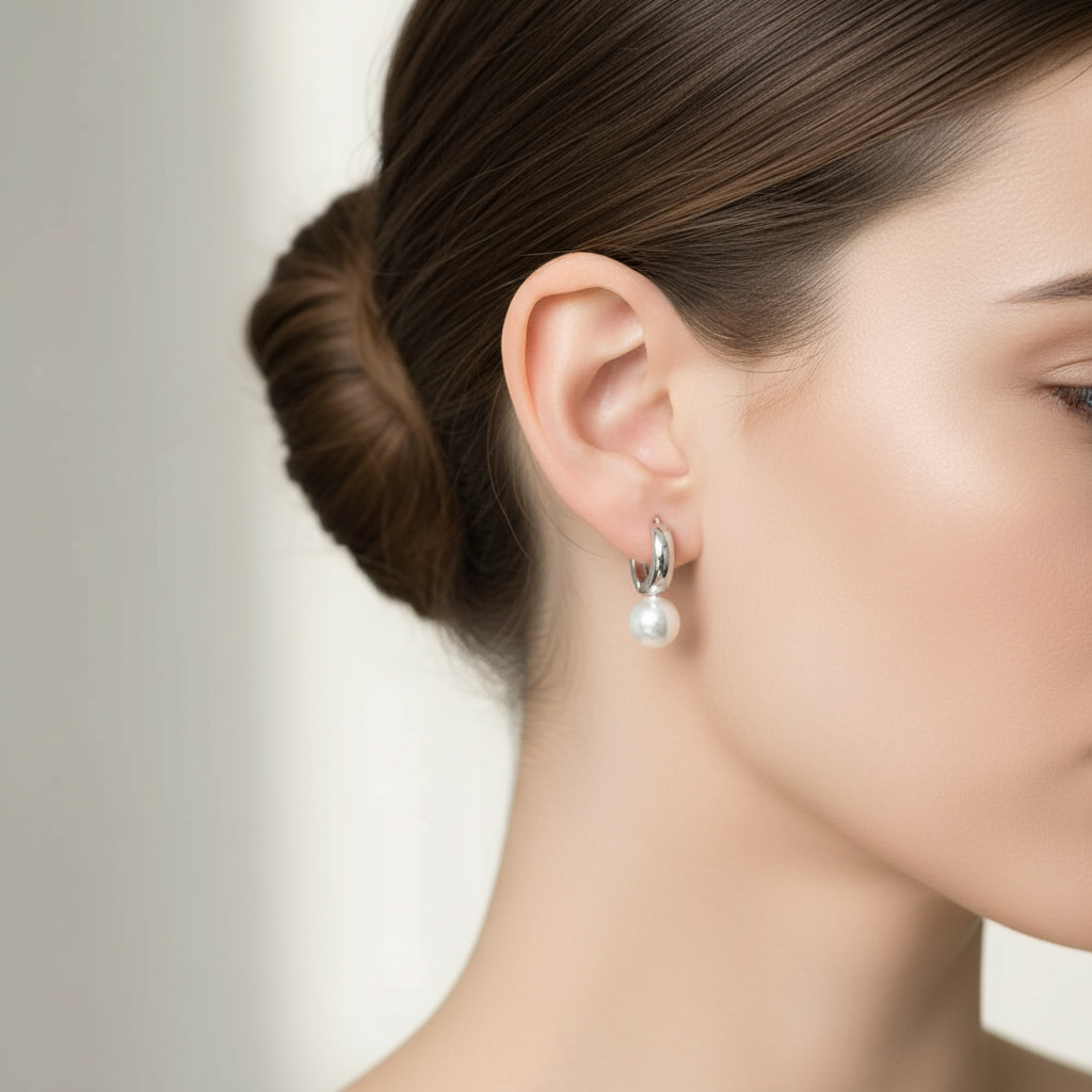 Woman wearing 8mm pearl huggie hoop earrings in sterling silver, showcasing the elegant and versatile design.