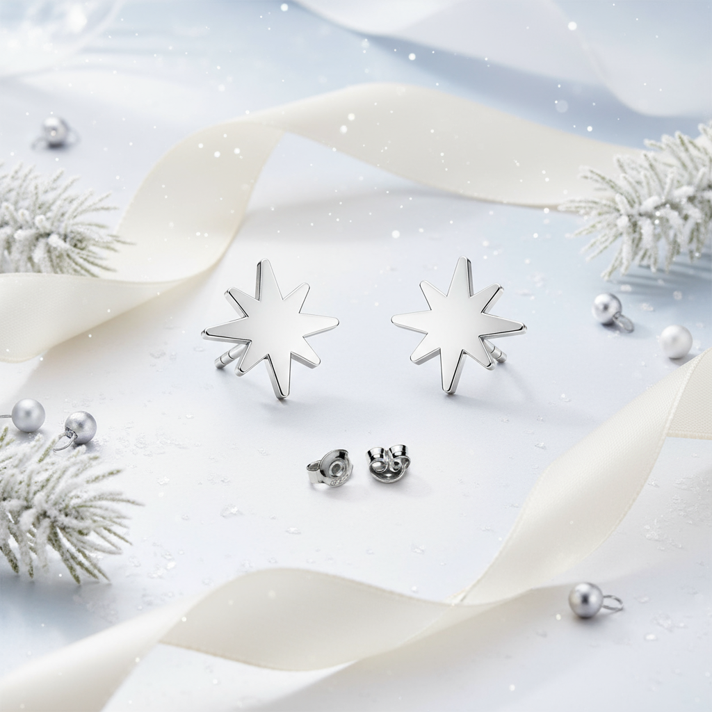 Winter Star Sterling Silver Stud Earrings – Christmas Gift for Women, Girls & Unisex