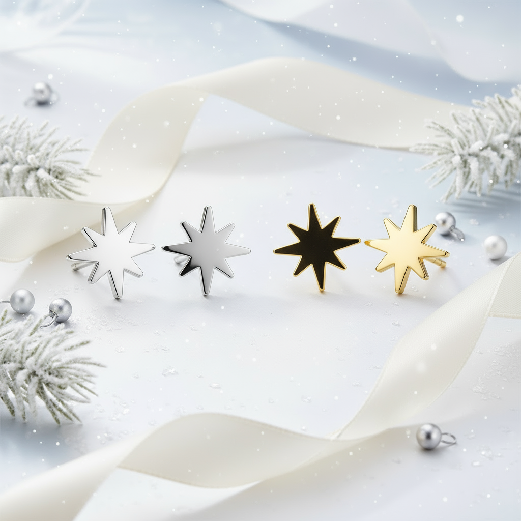 Winter Star Sterling Silver Stud Earrings – Christmas Gift for Women, Girls & Unisex