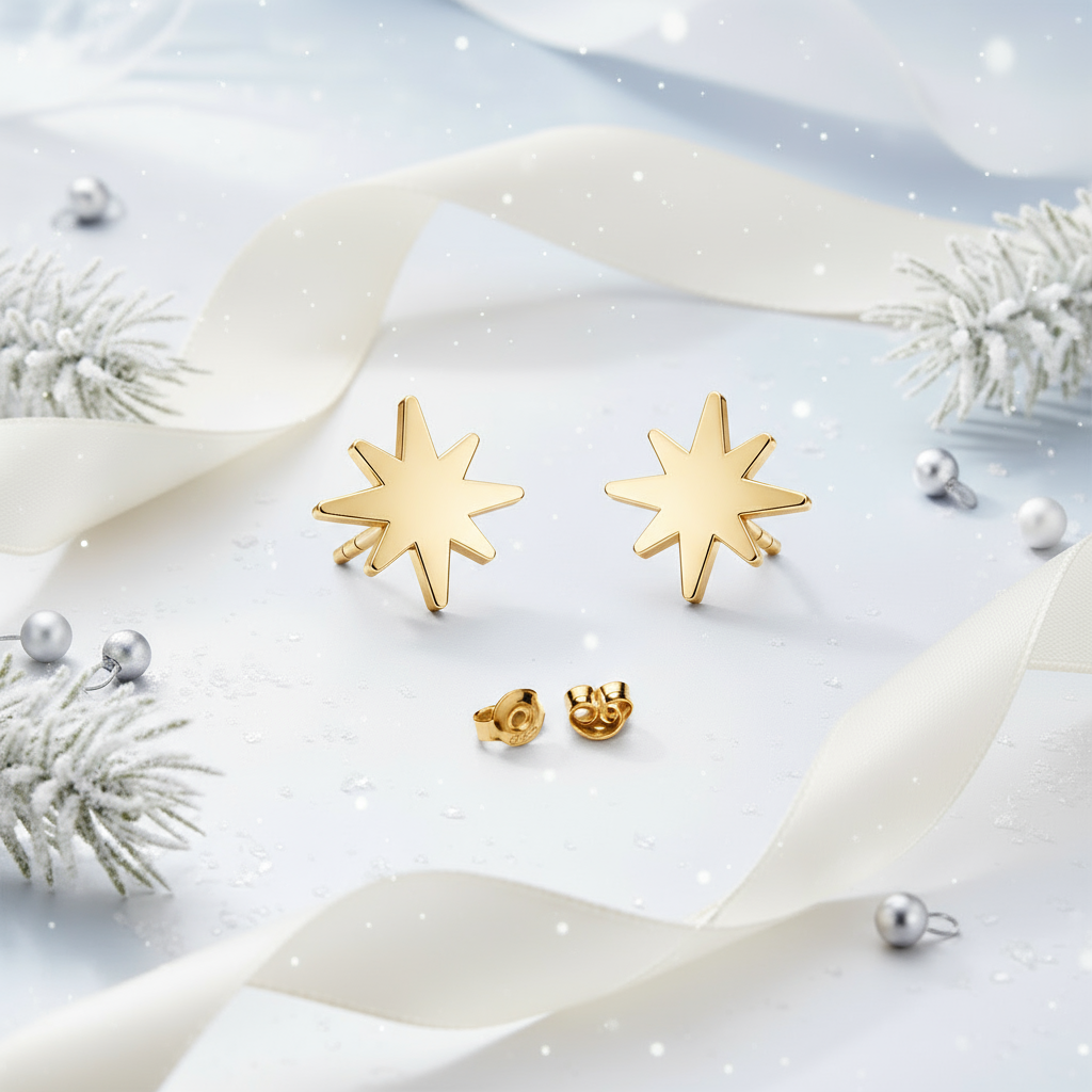Winter Star Sterling Silver Stud Earrings – Christmas Gift for Women, Girls & Unisex
