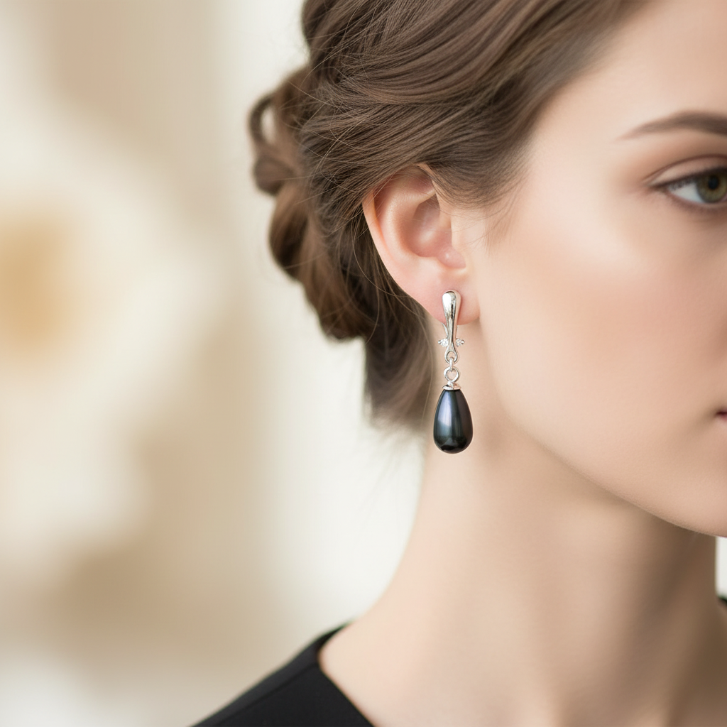 Close-up of a woman wearing a black teardrop pearl earring with a blurred background